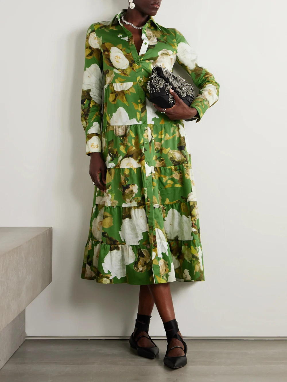 Erdem Tiered Floral-print Cotton-voile Midi Shirt Dress, worn by a model