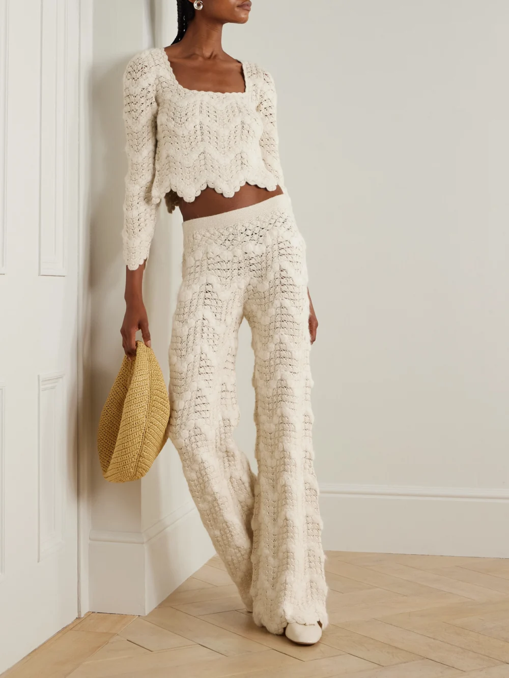 Escvdo Brisa Scalloped Crocheted Alpaca Wide-leg Pants, worn by a model