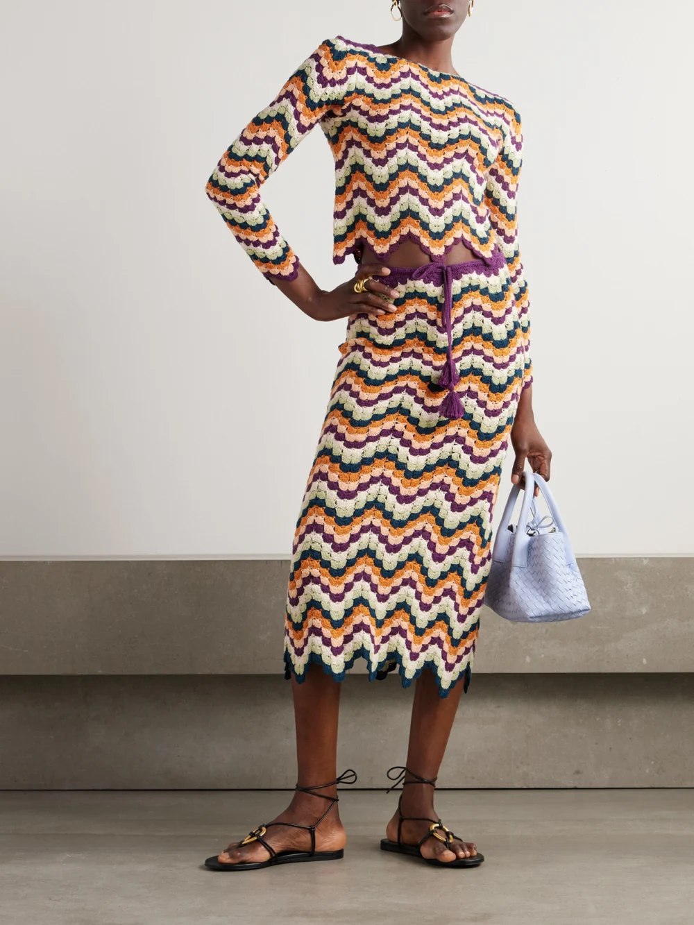 Escvdo Safi Pesca Scalloped Striped Crocheted Organic Cotton Top, worn by a model