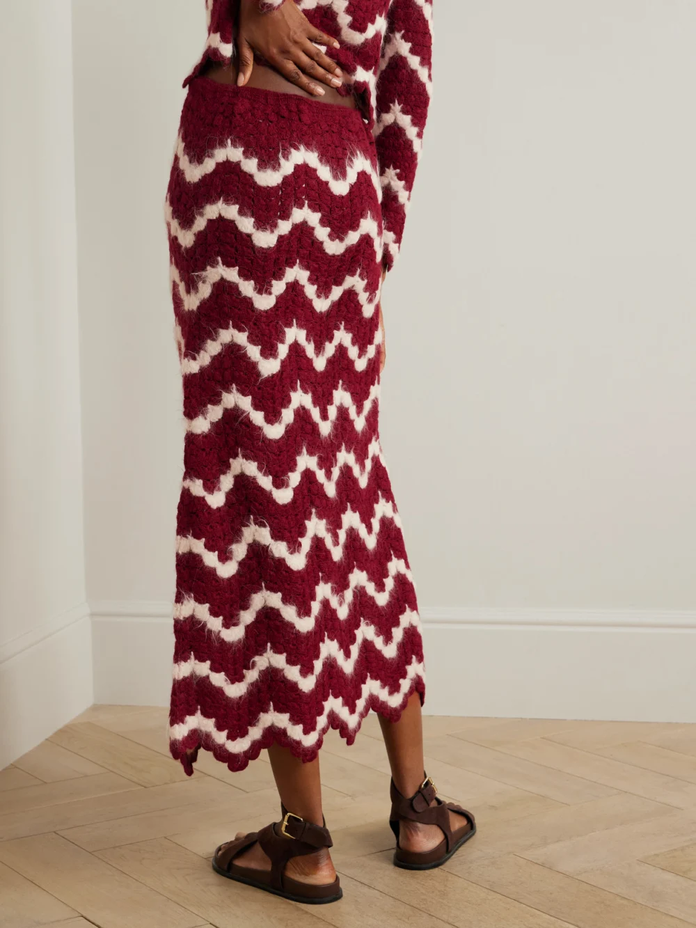 Back view of the Escvdo Safi Scalloped Crocheted Alpaca Midi Skirt