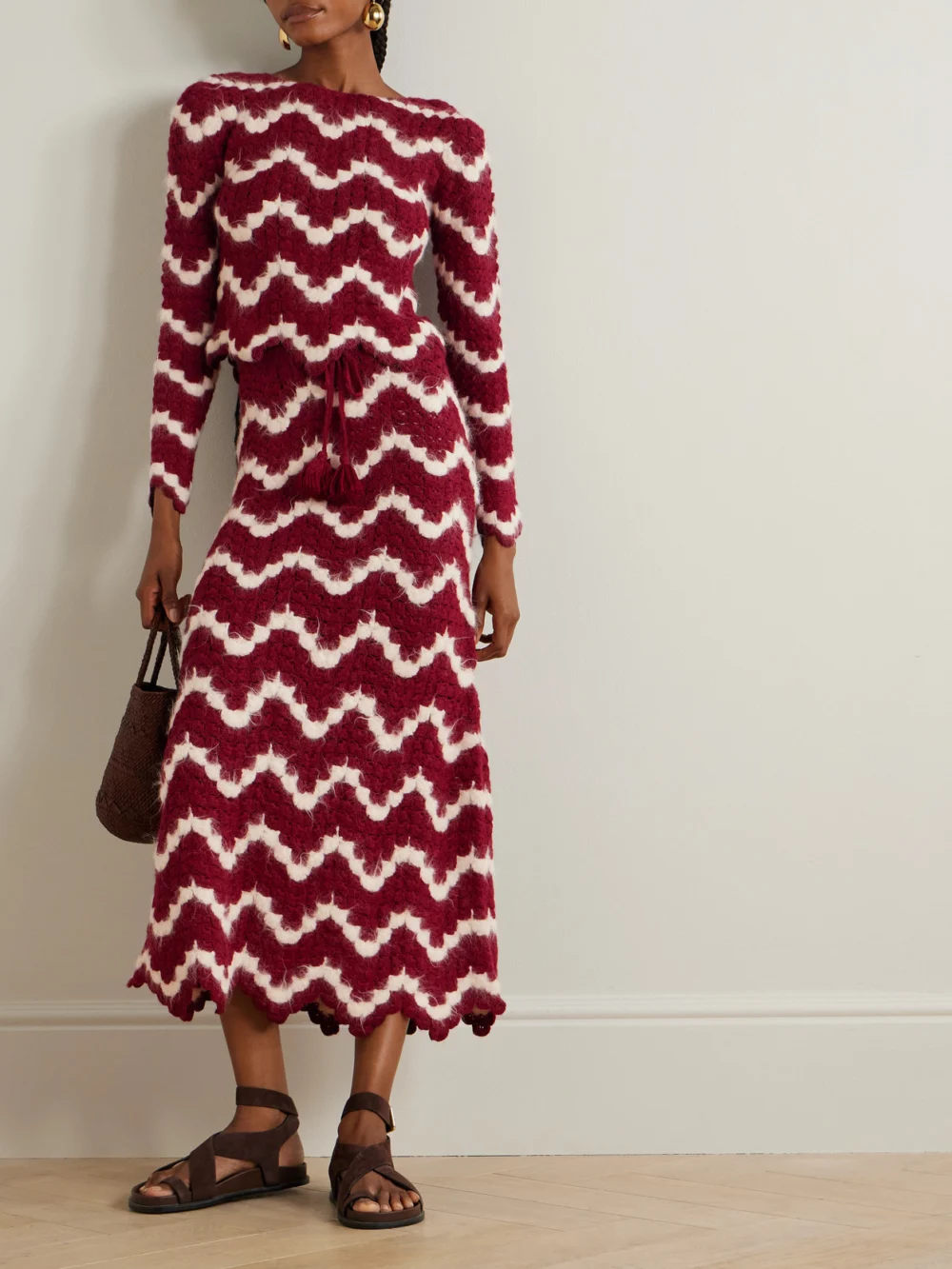 Escvdo Safi Scalloped Crocheted Alpaca Midi Skirt, worn by a model