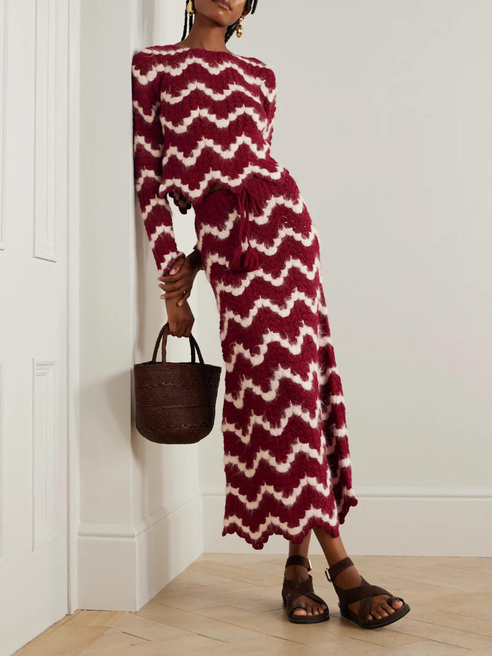 Escvdo Safi Scalloped Cropped Crocheted Alpaca Top, worn by a model