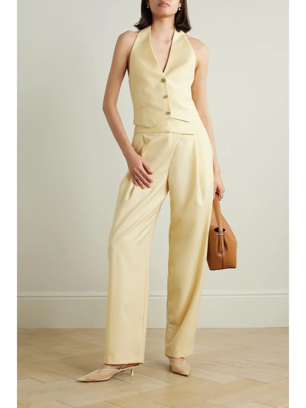 Esse Studios Delphi Satin and Wool-blend Twill Halterneck Vest, worn by a model