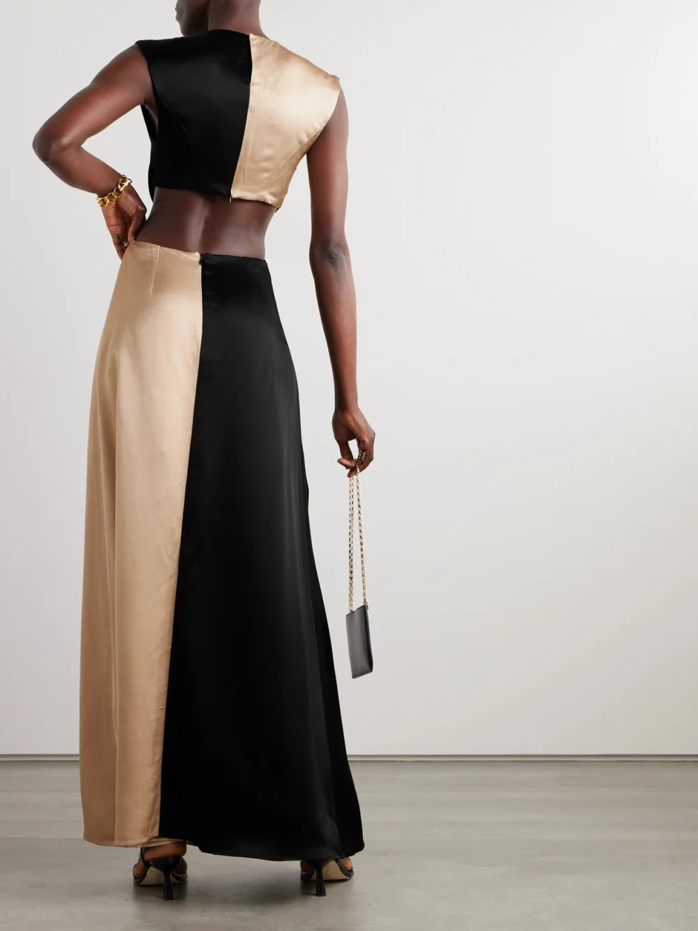Back view of the Esse Studios Gilded Cutout Twist-front Satin and Dupioni Gown