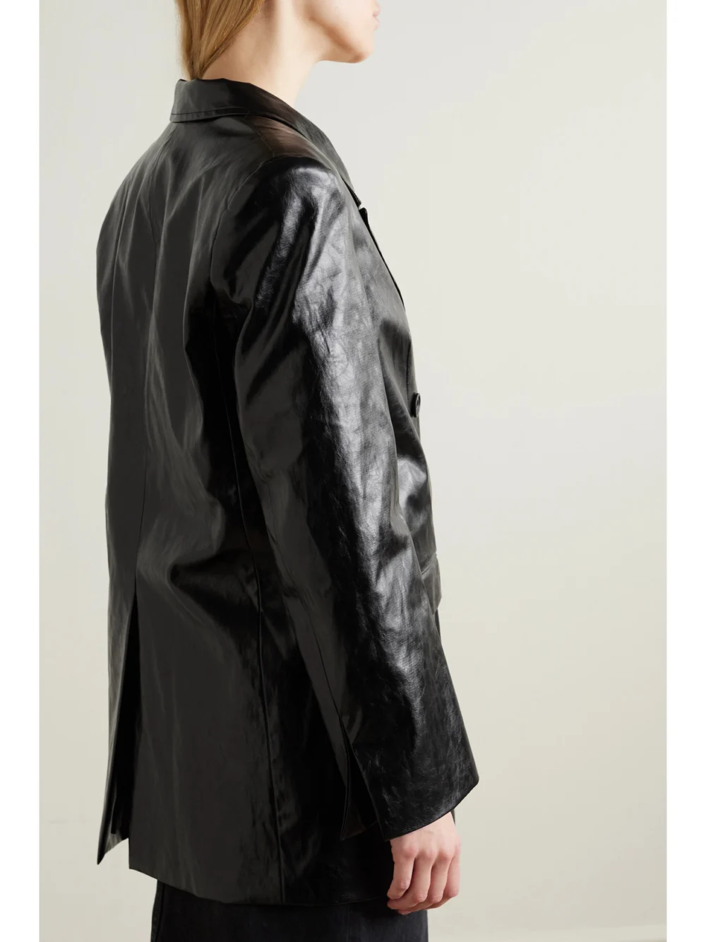 Back view of the Esse Studios Milos Double-breasted Crinkled Faux Leather Blazer
