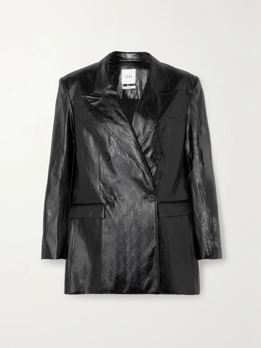 Esse Studios Milos Double-breasted Crinkled Faux Leather Blazer in black