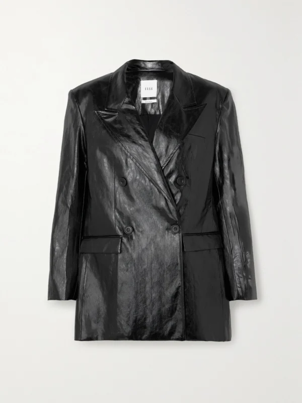 Esse Studios Milos Double-breasted Crinkled Faux Leather Blazer