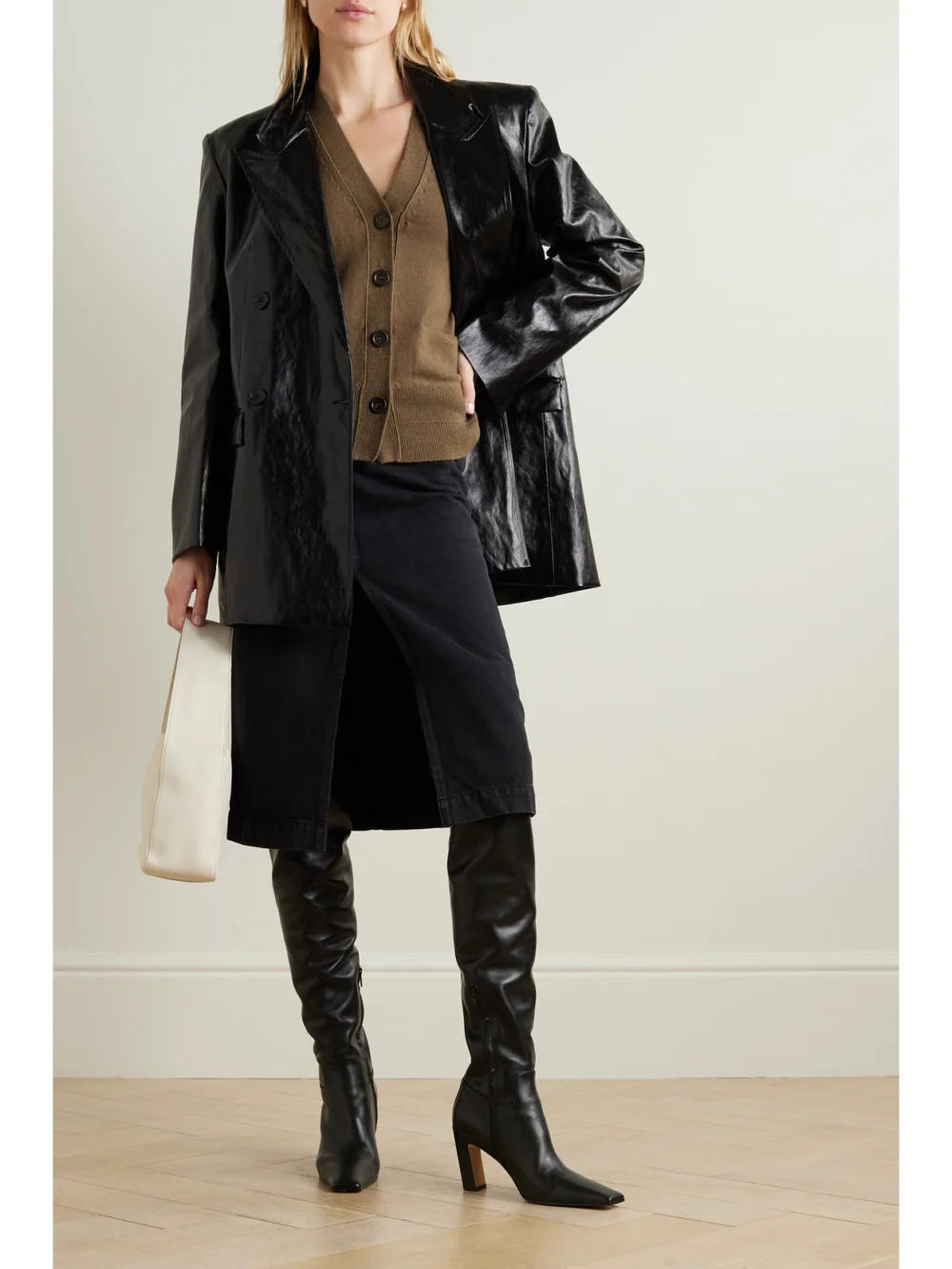 Esse Studios Milos Double-breasted Crinkled Faux Leather Blazer, worn by a model