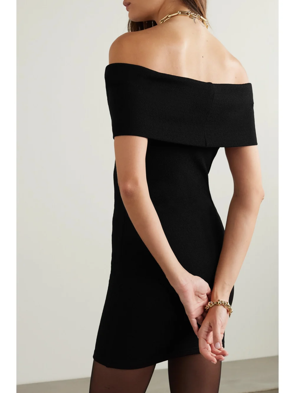 Back view of the Esse Studios Omnia Off-the-shoulder Stretch-knit Mini Dress