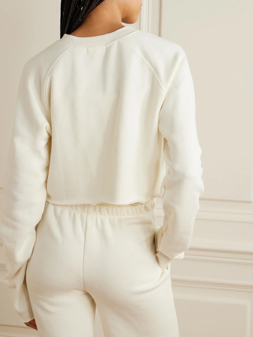 Back view of the Éterne Cropped Embroidered Cotton-blend Terry Sweater