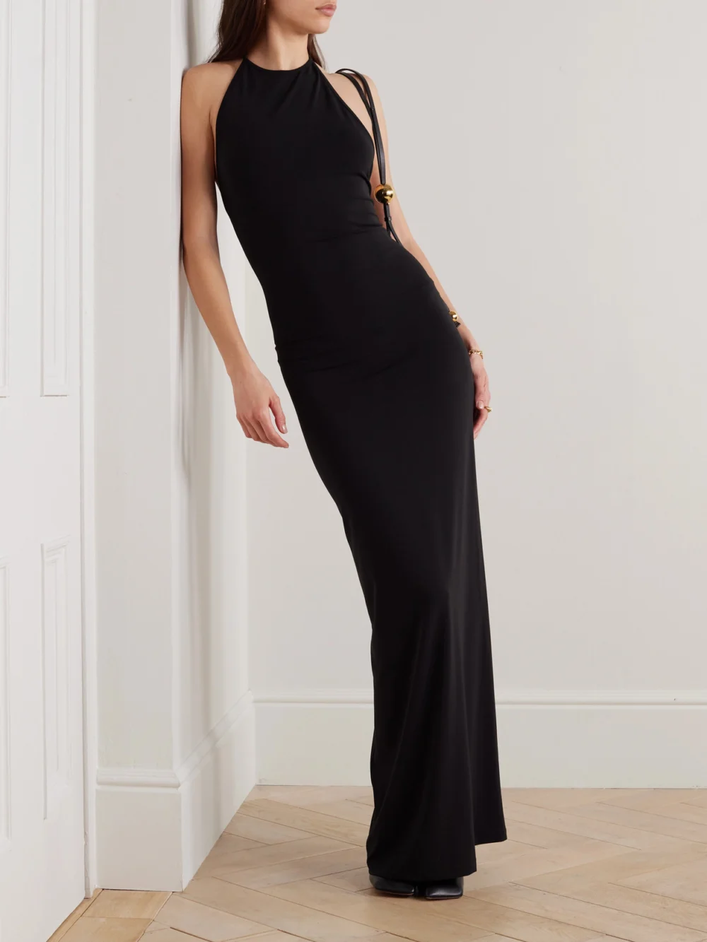Éterne Valery Matte-jersey Halterneck Maxi Dress, worn by a model