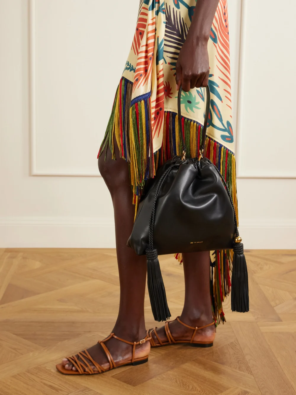 Etro Kalispera Tasseled Leather Shoulder Bag, styled view