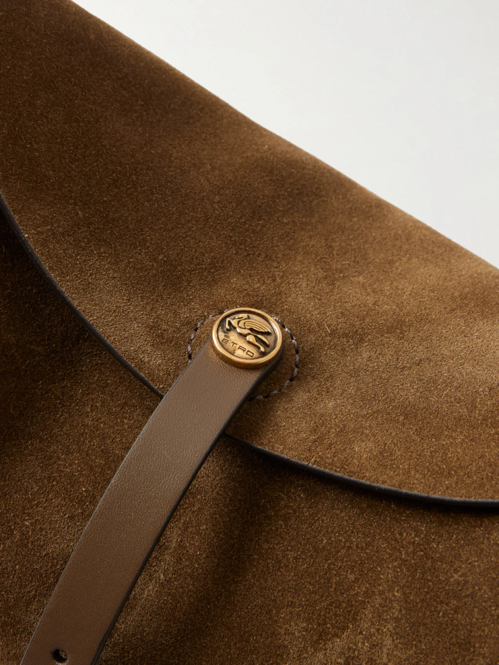 Close-up detail of the Etro Logo-detailed Leather-trimmed Suede Shoulder Bag