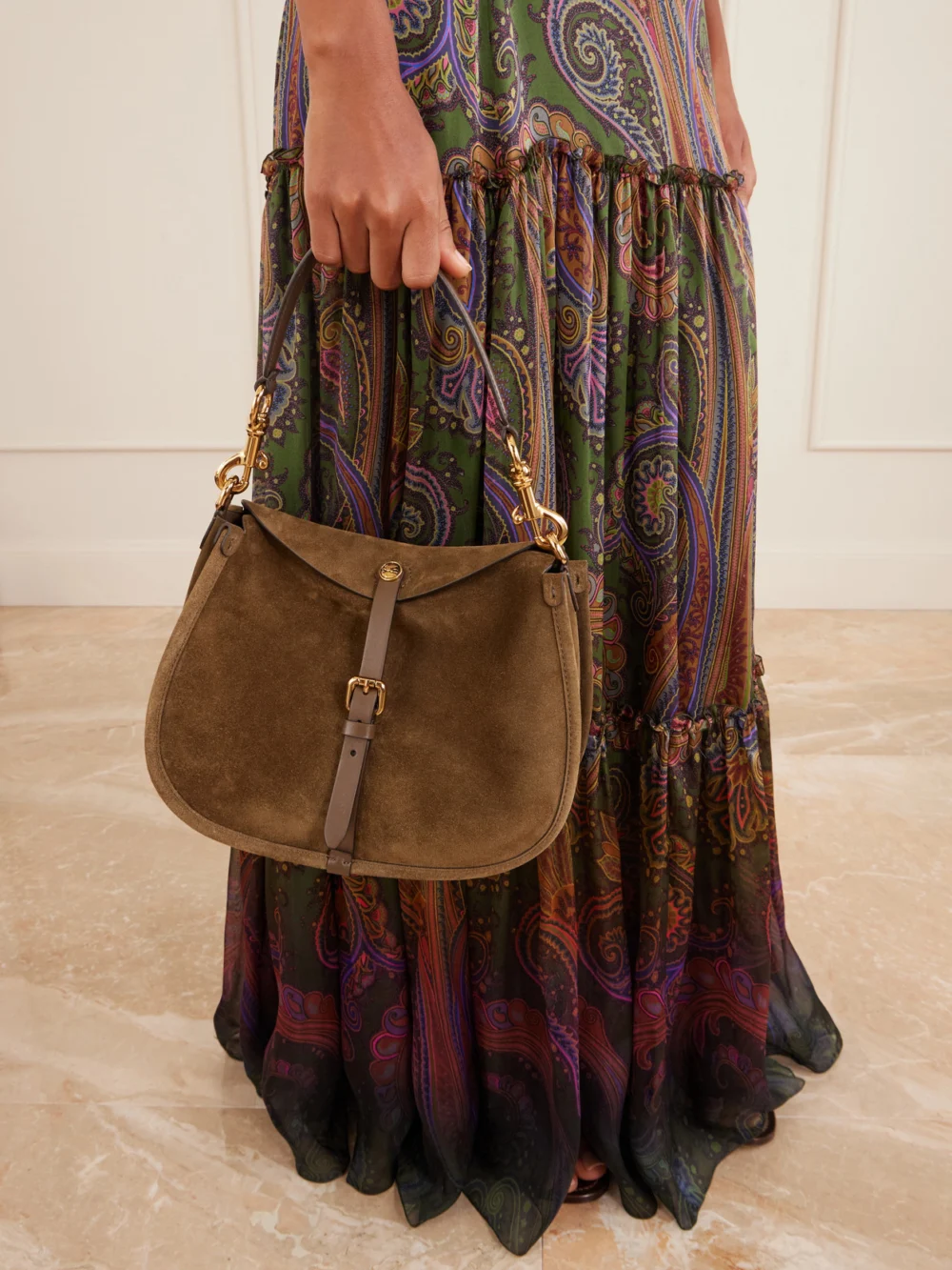 Etro Logo-detailed Leather-trimmed Suede Shoulder Bag, styled view
