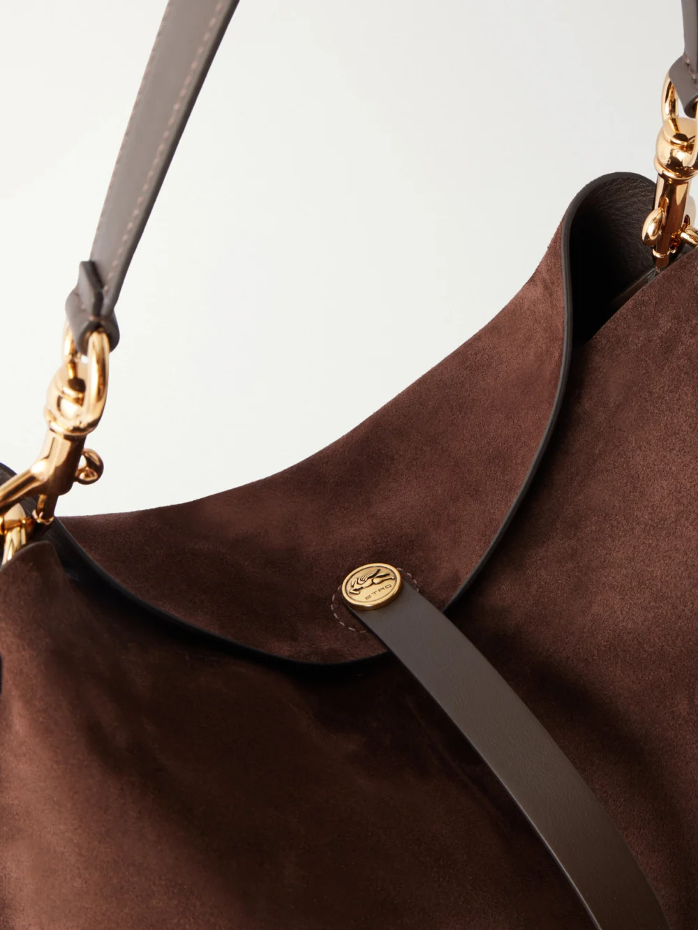 Close-up detail of the Etro Pony Large Leather-trimmed Suede Shoulder Bag