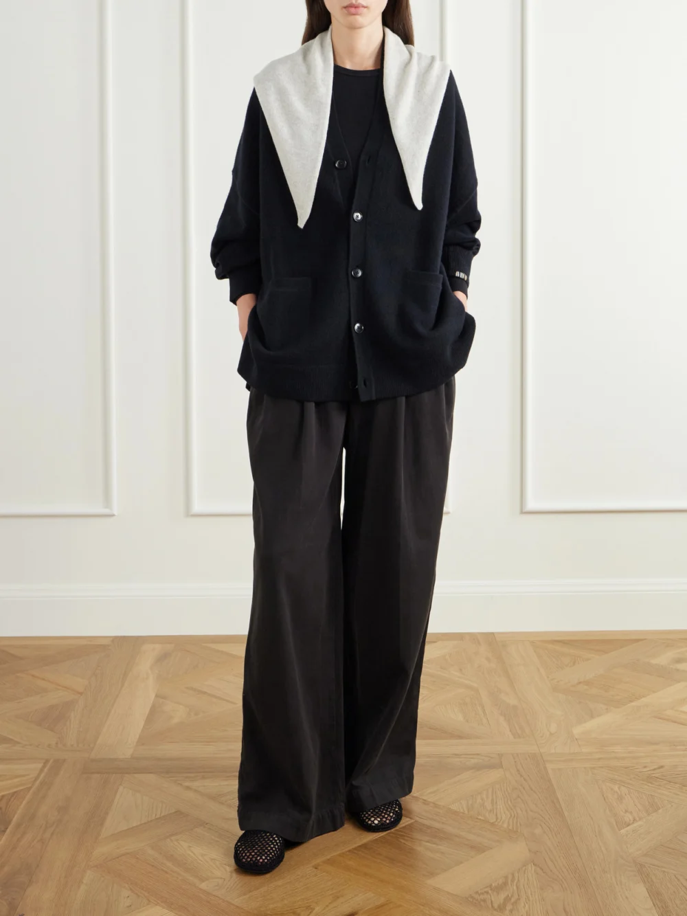 Extreme Cashmere Tokio Cashmere-blend Cardigan, worn by a model