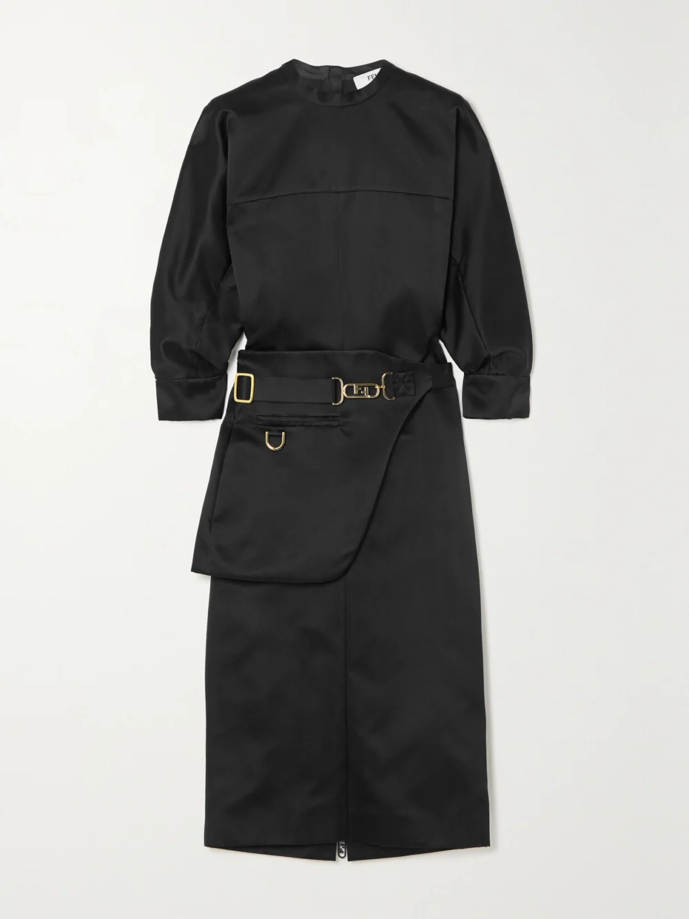 Fendi Belted Paneled Silk-satin Midi Dress in black