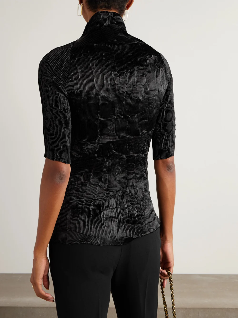 Back view of the Fforme Dahlia Crinkled Plissé-satin Blouse