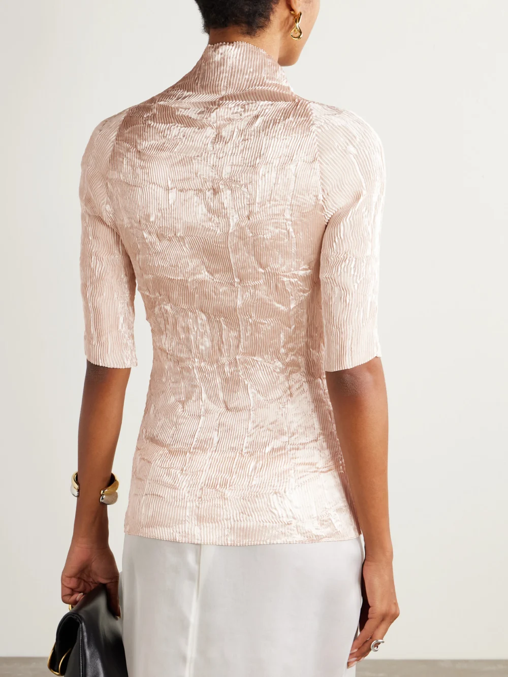 Back view of the Fforme Dahlia Crinkled Plissé-satin Blouse