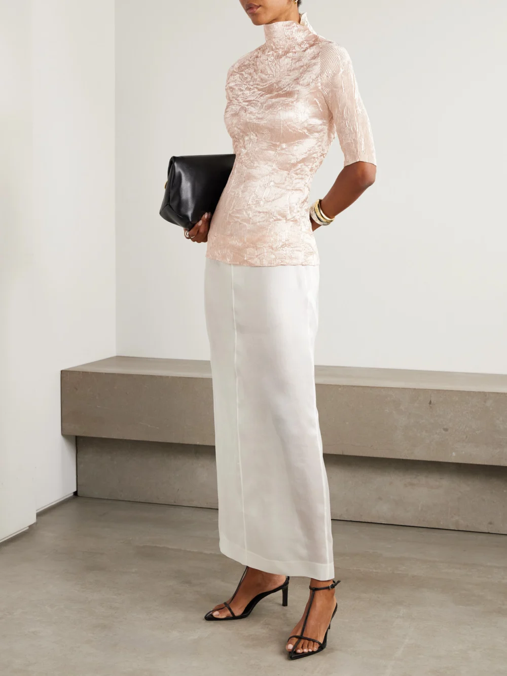 Fforme Dahlia Crinkled Plissé-satin Blouse, worn by a model