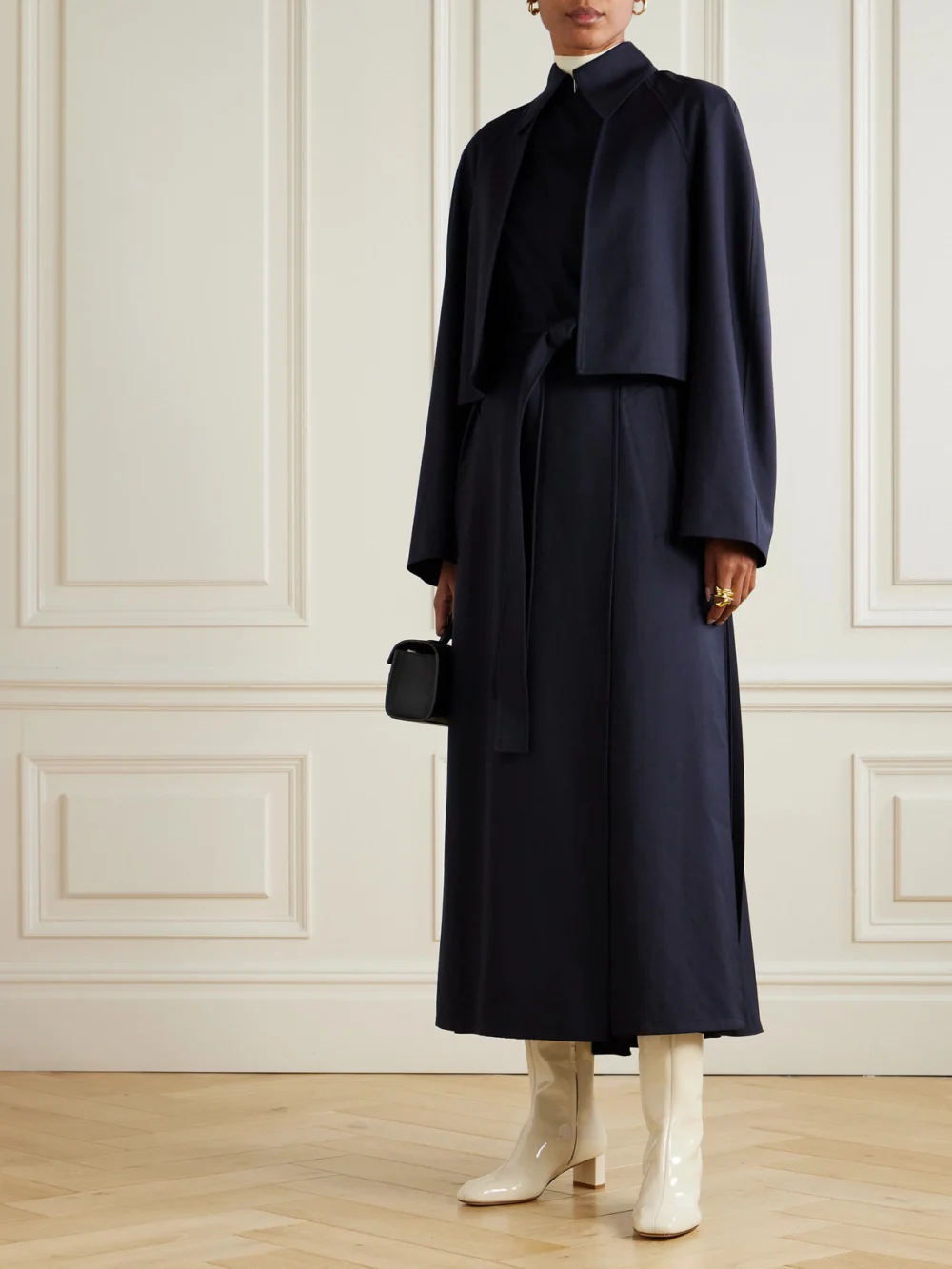 Fforme Lennox Belted Pleated Twill Trench Coat, worn by a model