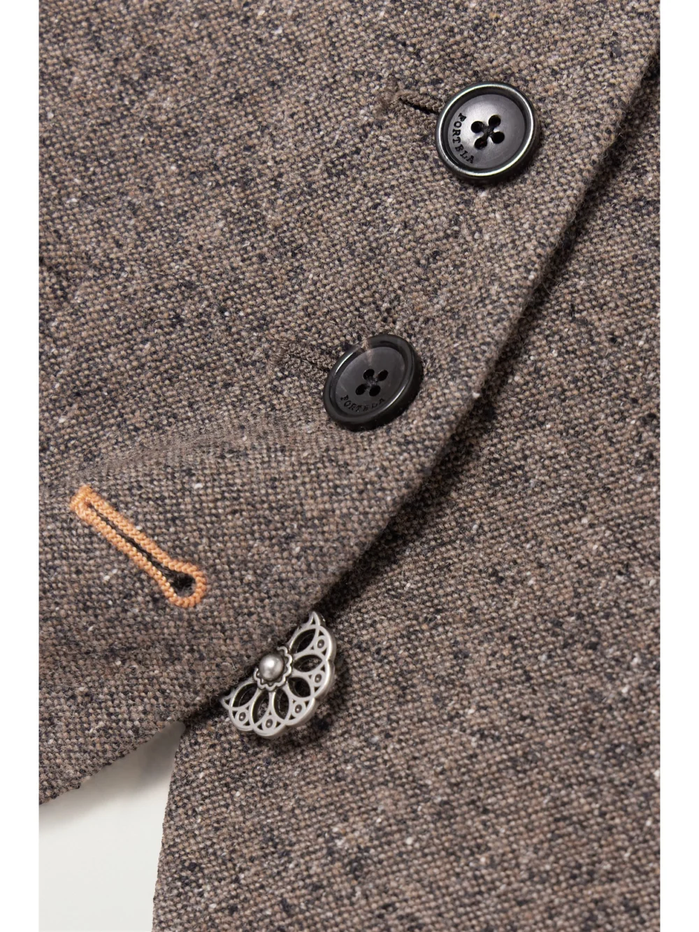 Close-up detail of the Fortela Demi Mélange Wool-blend Tweed Vest