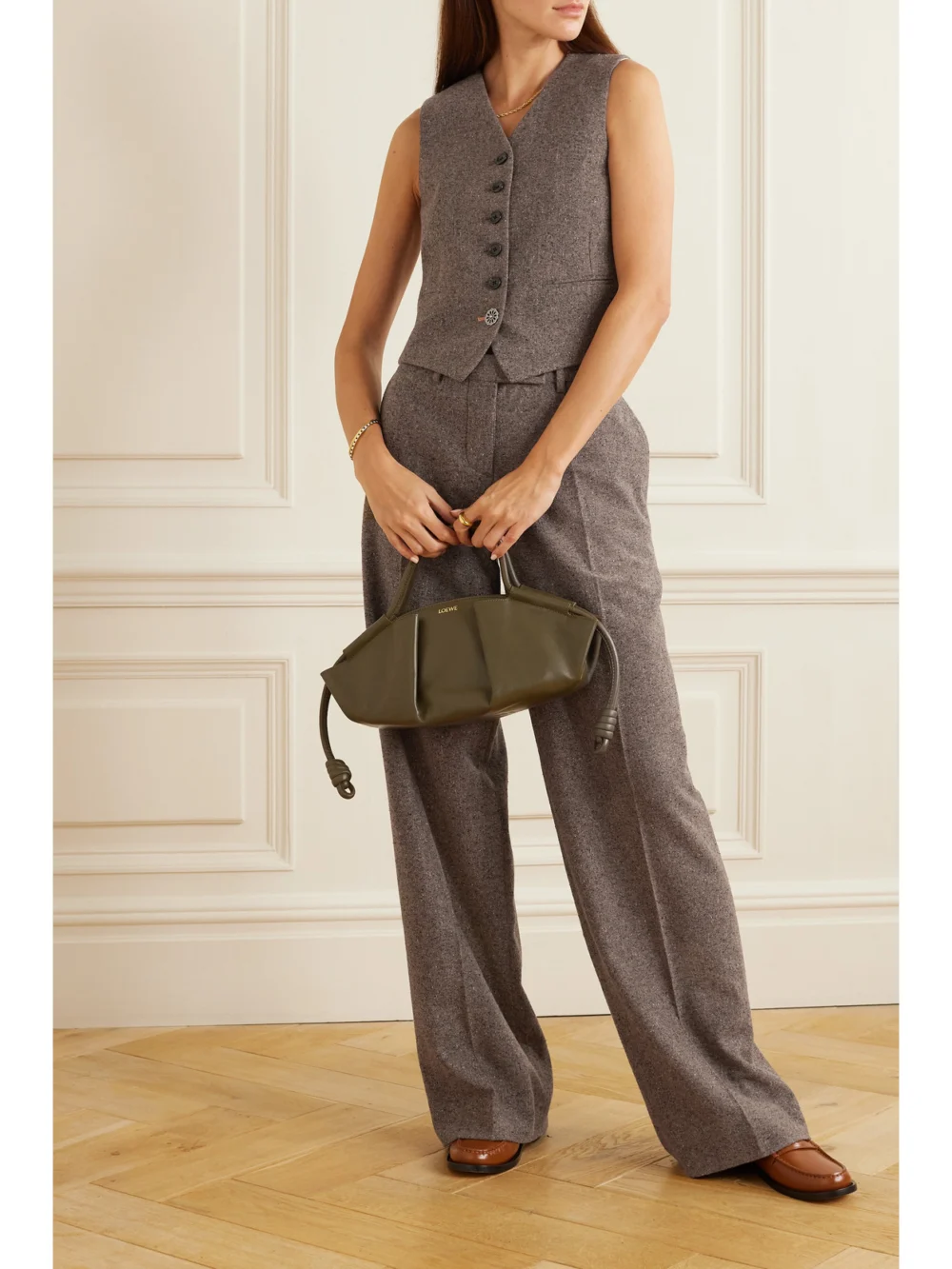 Fortela Demi Mélange Wool-blend Tweed Vest, worn by a model