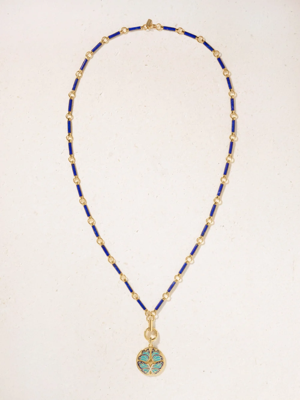 Close-up detail of the FoundRae Reverie Element 18-karat Gold, Lapis Lazuli, Diamond and Enamel Necklace