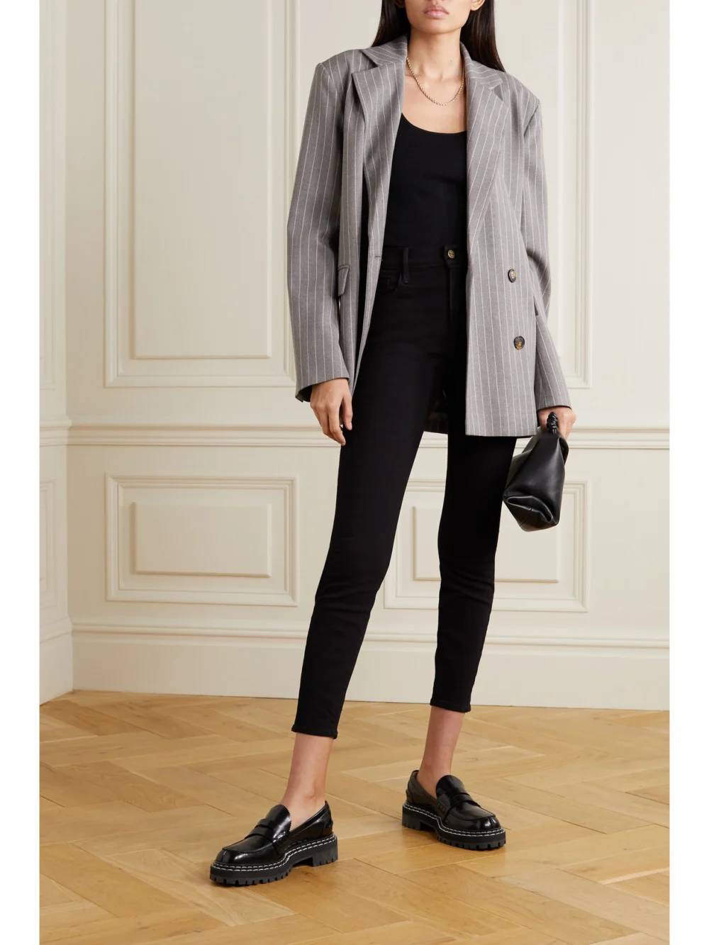 Frame Ali High Rise Cigarette Skinny Jeans, worn by a model