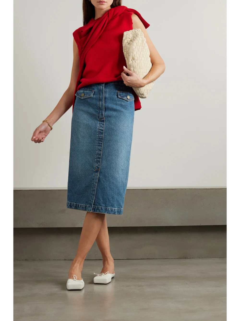 Frame Denim Midi Skirt, worn by a model