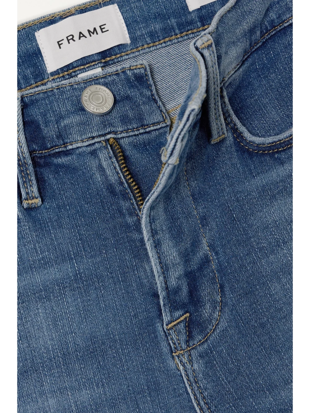 Close-up detail of the Frame Le Easy Flare Mid-rise Jeans