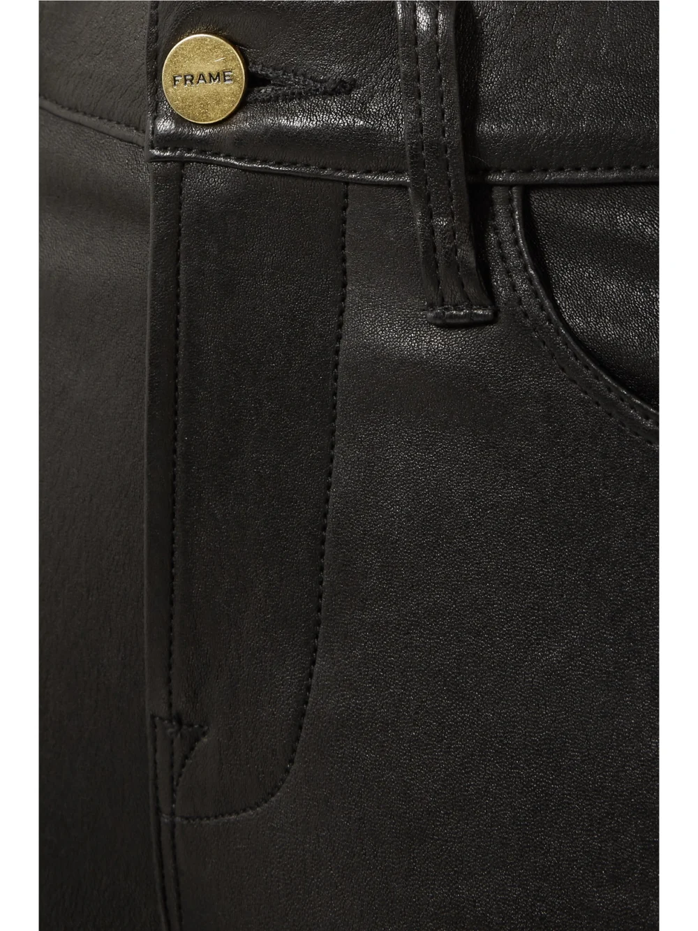 Close-up detail of the Frame Le High Skinny Leather Pants