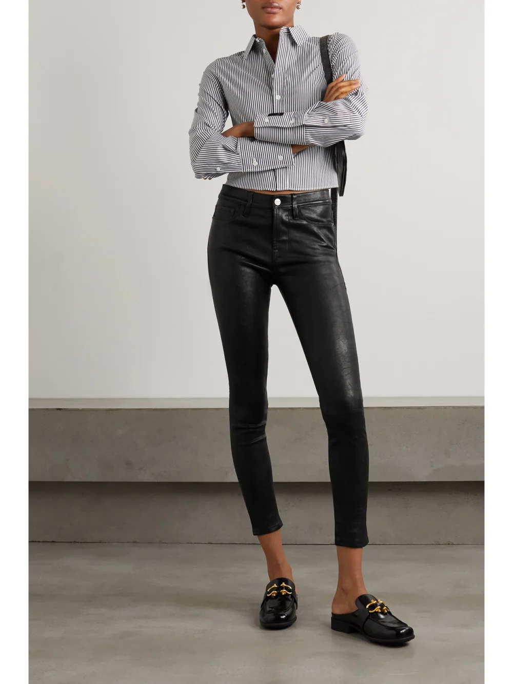 Frame Le High Skinny Leather Pants, worn by a model