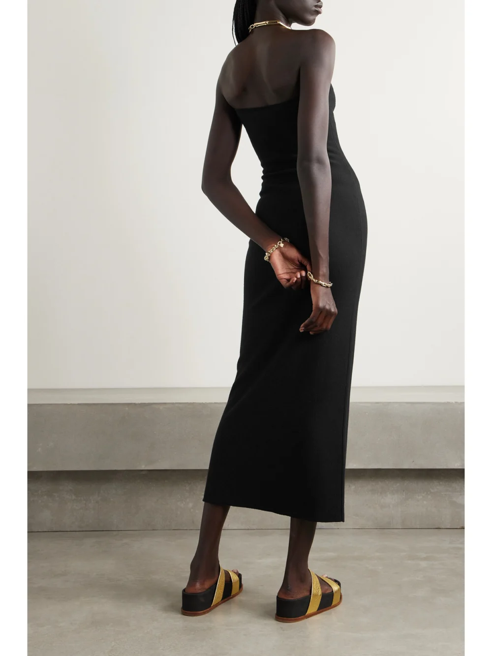 Back view of the Gabriela Hearst Calderon Strapless Merino Wool and Cashmere-blend Midi Dress