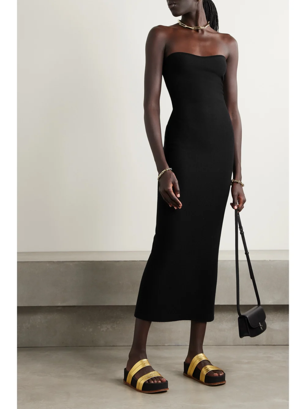 Gabriela Hearst Calderon Strapless Merino Wool and Cashmere-blend Midi Dress, worn by a model