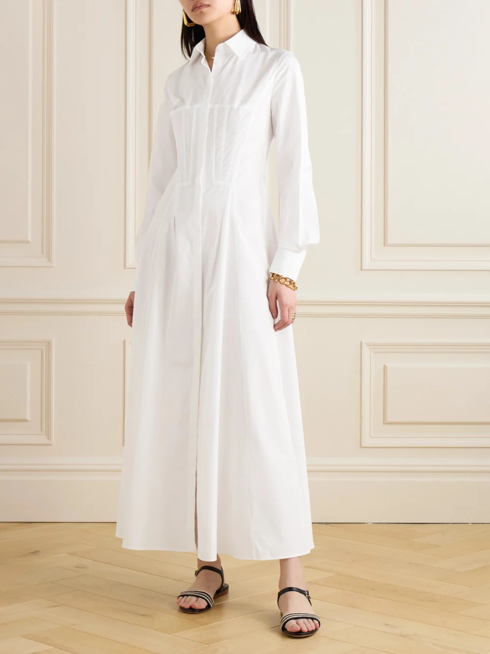 Gabriela Hearst Eugene Pleated Cotton-poplin Maxi Shirt Dress, worn by a model