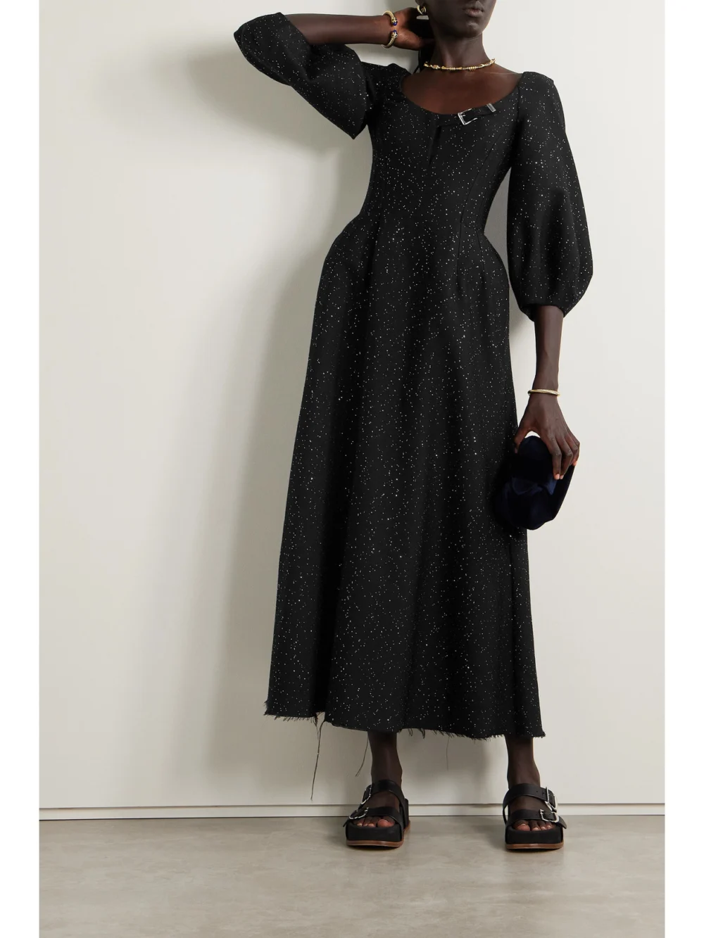 Gabriela Hearst Madyn Buckled Cutout Sequin-embellished Wool-blend Maxi Dress, worn by a model