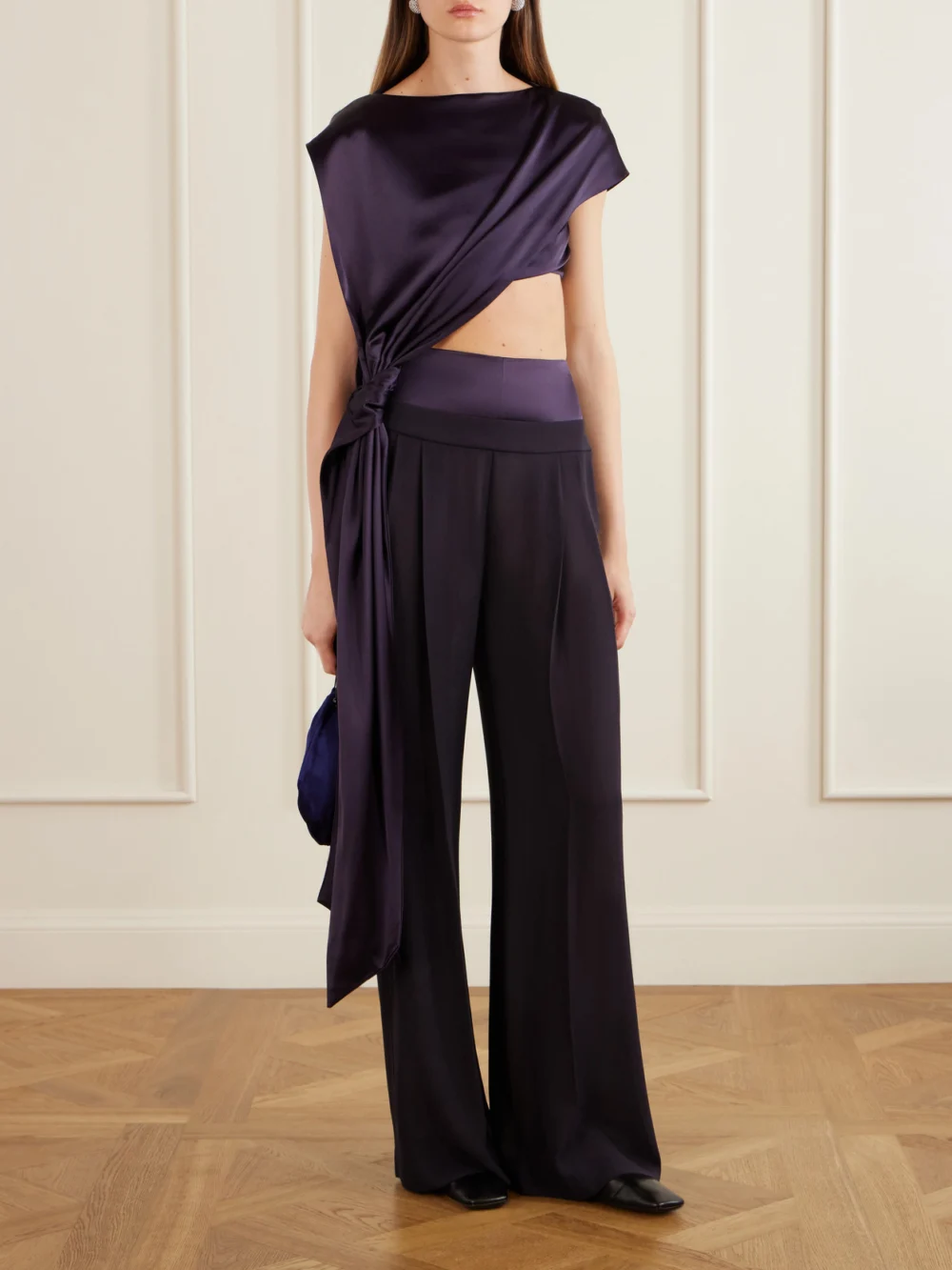 Galvan Auriga Cropped Satin Top, worn by a model