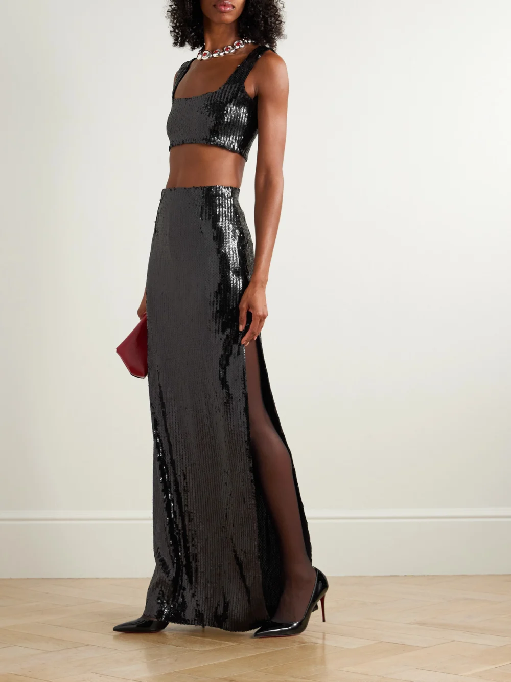 Galvan Beating Heart Cropped Sequined Tulle Top, worn by a model