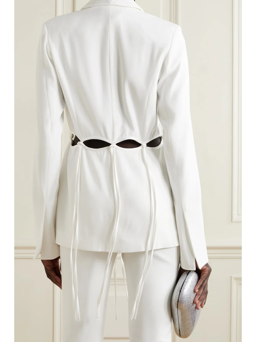 Back view of the Galvan Ellipse Cutout Satin-trimmed Crepe Blazer