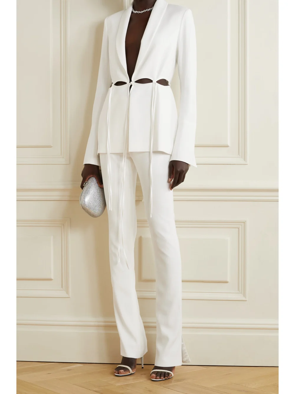 Galvan Ellipse Cutout Satin-trimmed Crepe Blazer, worn by a model