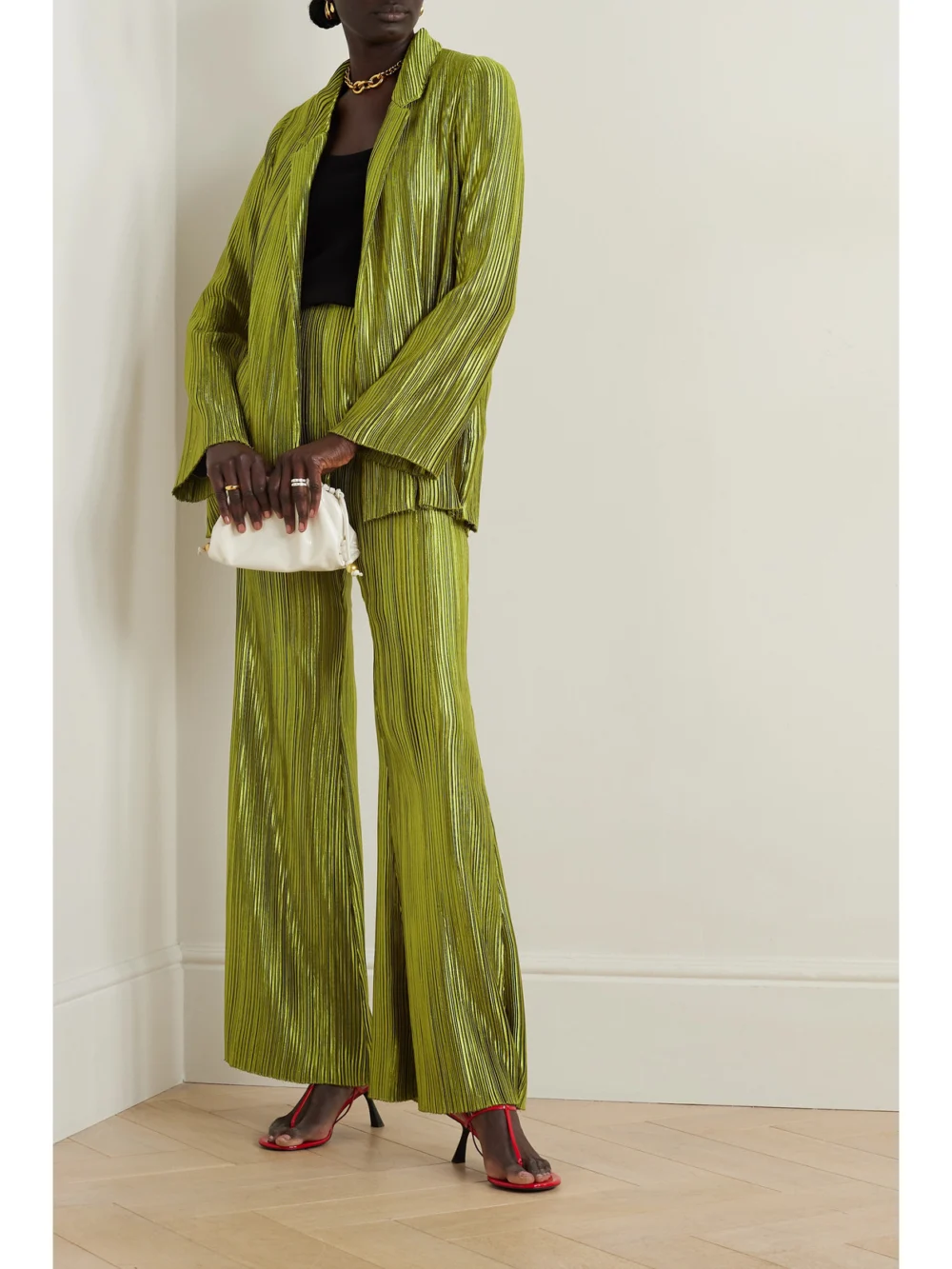 Galvan Nuage Metallic Plissé-crepe Blazer, worn by a model