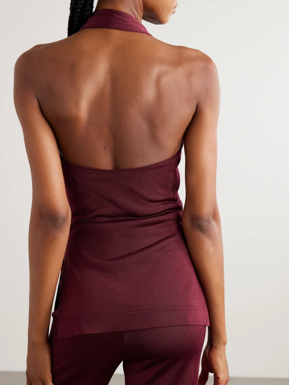 Back view of the Galvan Pierced Embellished Asymmetric Knitted Top