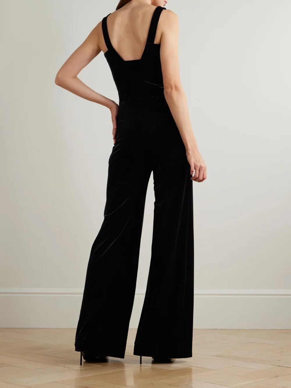 Back view of the Galvan Vesper Satin-trimmed Velvet Jumpsuit