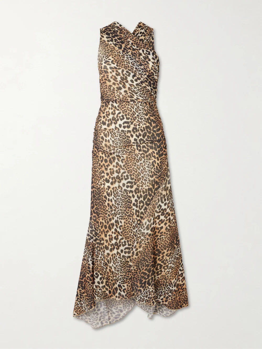 Ganni Asymmetric Draped Leopard-print Stretch Recycled-mesh Midi Dress in leopard print