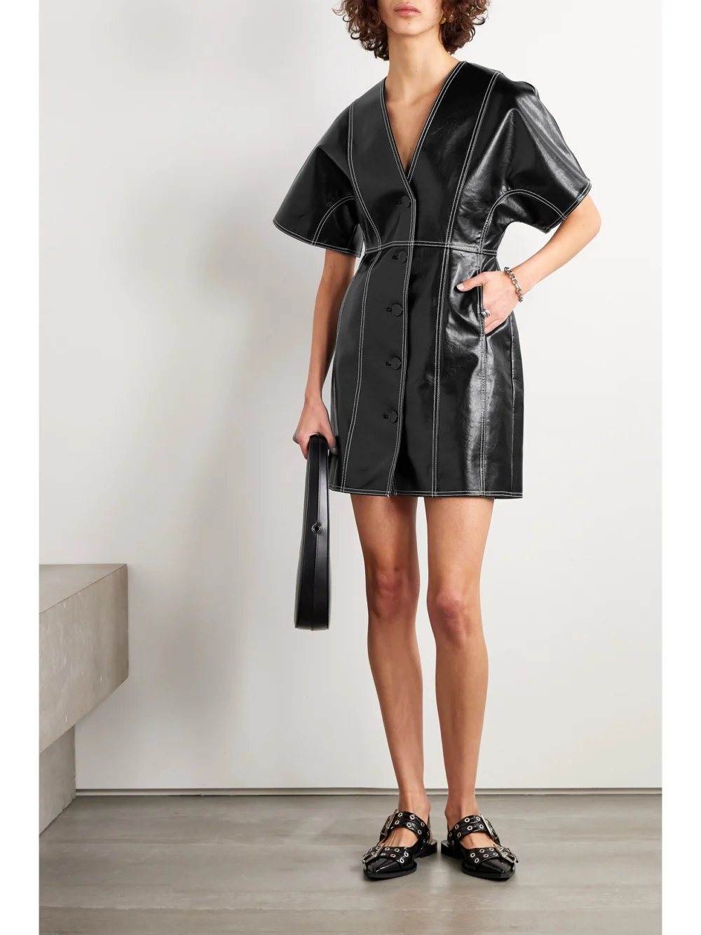 Ganni Faux Patent-leather Mini Dress, worn by a model