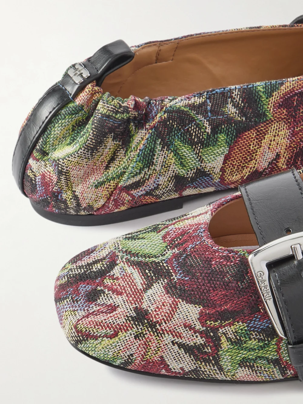 Close-up detail of the Ganni Leather-trimmed Canvas-jacquard Ballet Flats