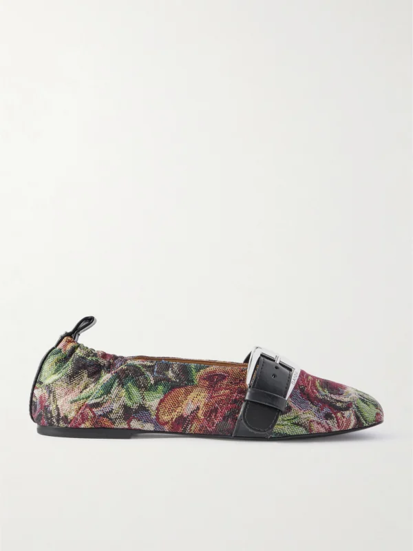 Ganni Leather-trimmed Canvas-jacquard Ballet Flats