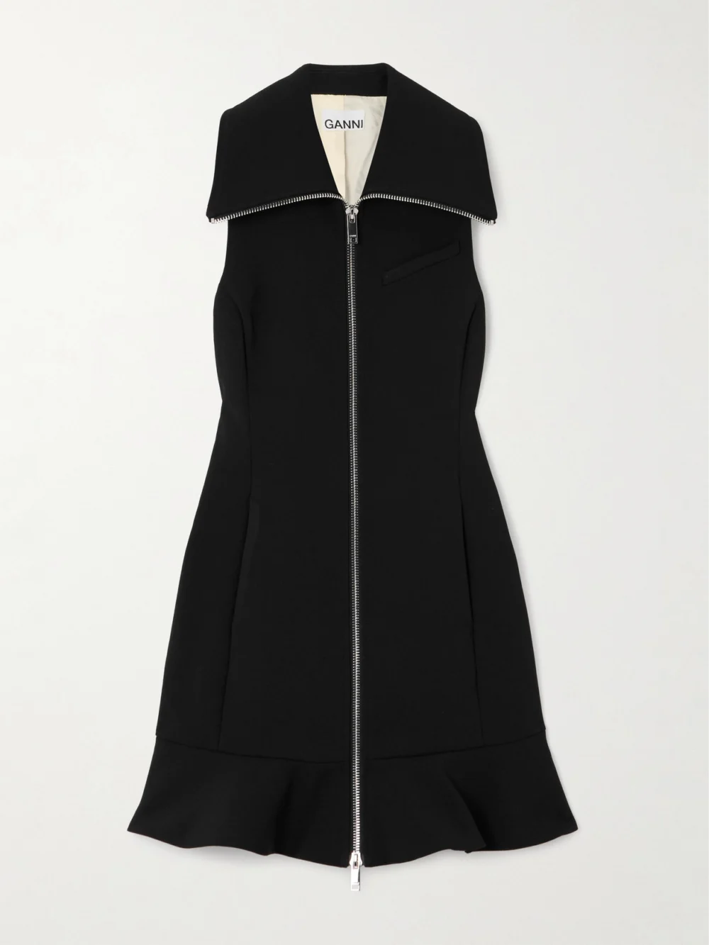 Ganni Paneled Ruffled Crepe Mini Dress in black