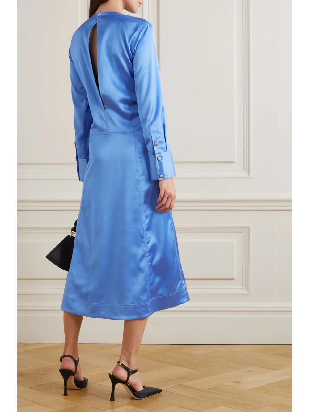Back view of the Ganni Ruched Cutout Recycled Stretch-satin Midi Dress
